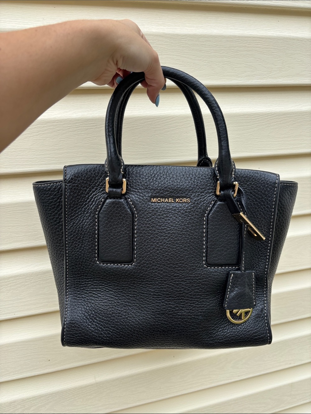 Michael Kors Black Pebbled Leather Top-Handle Satchel with Gold Hardware